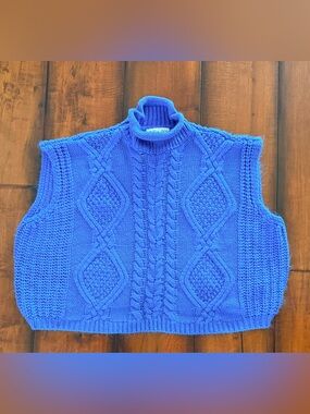 She + Sky Bright Royal Blue Cable-Knit Turtleneck Sweater Vest